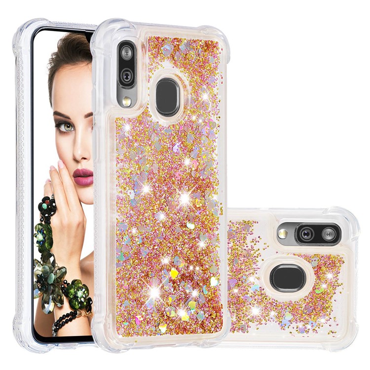 Liquid Glitter Quicksand Shockproof TPU Shell for Samsung Galaxy A40 - Diamond Gold Love Hearts-1
