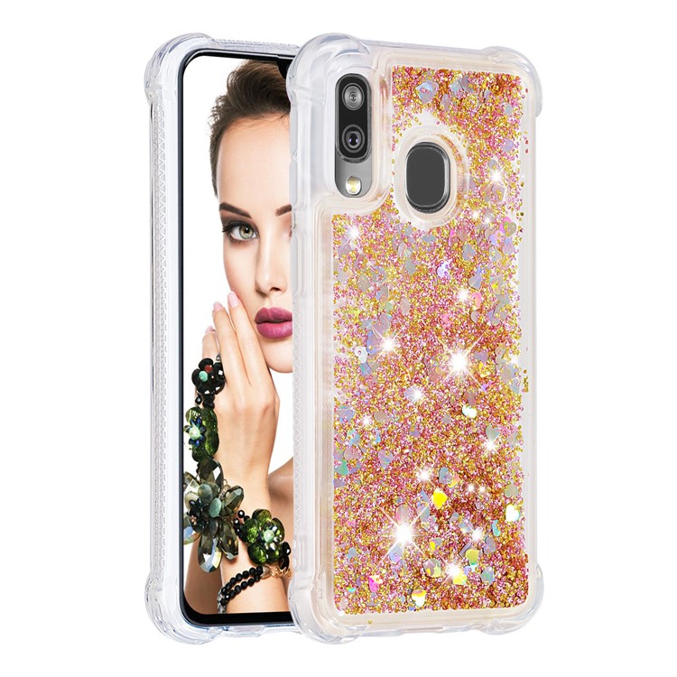 Liquid Glitter Quicksand Shockproof TPU Shell for Samsung Galaxy A40 - Diamond Gold Love Hearts-3