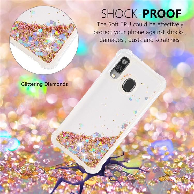 Liquid Glitter Quicksand Shockproof TPU Shell for Samsung Galaxy A40 - Diamond Gold Love Hearts-4