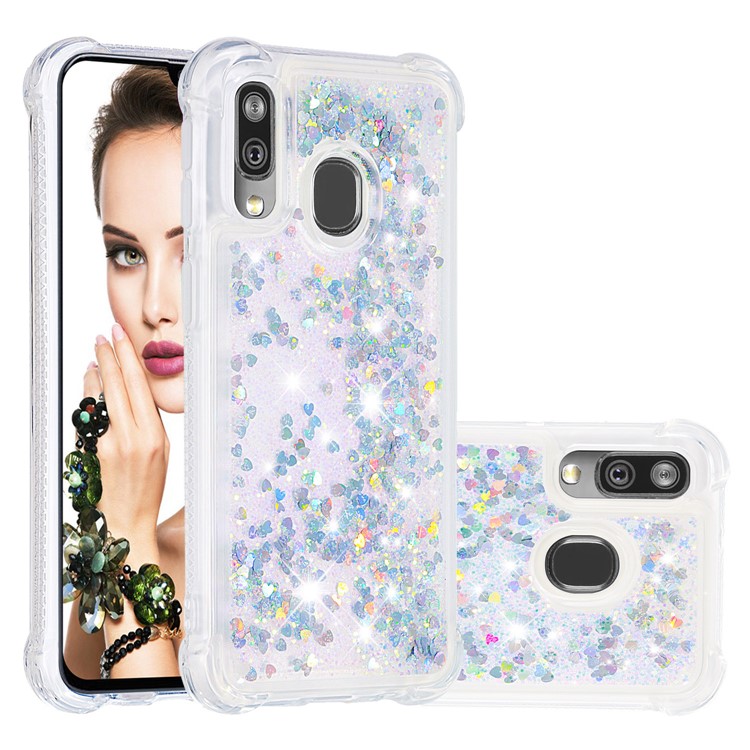 Liquid Glitter Quicksand Shockproof TPU Shell for Samsung Galaxy A40 - Colorful SilverLove Hearts-1