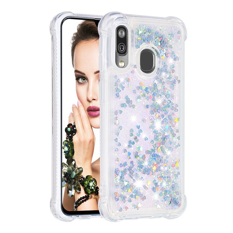 Liquid Glitter Quicksand Shockproof TPU Shell for Samsung Galaxy A40 - Colorful SilverLove Hearts-3