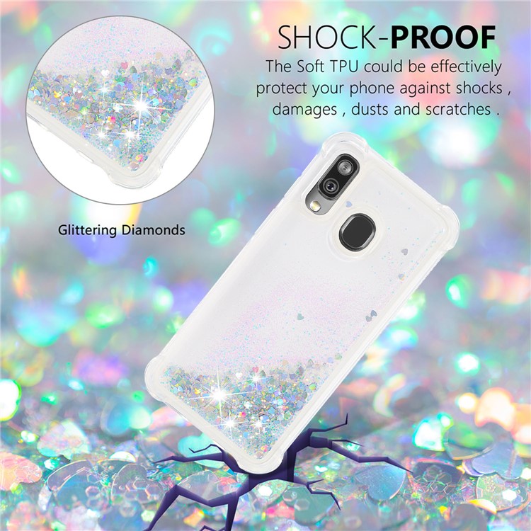 Liquid Glitter Quicksand Shockproof TPU Shell for Samsung Galaxy A40 - Colorful SilverLove Hearts-4