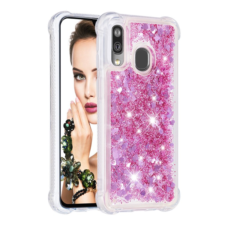 Liquid Glitter Quicksand Shockproof TPU Shell for Samsung Galaxy A40 - Rose Red Love Hearts-3