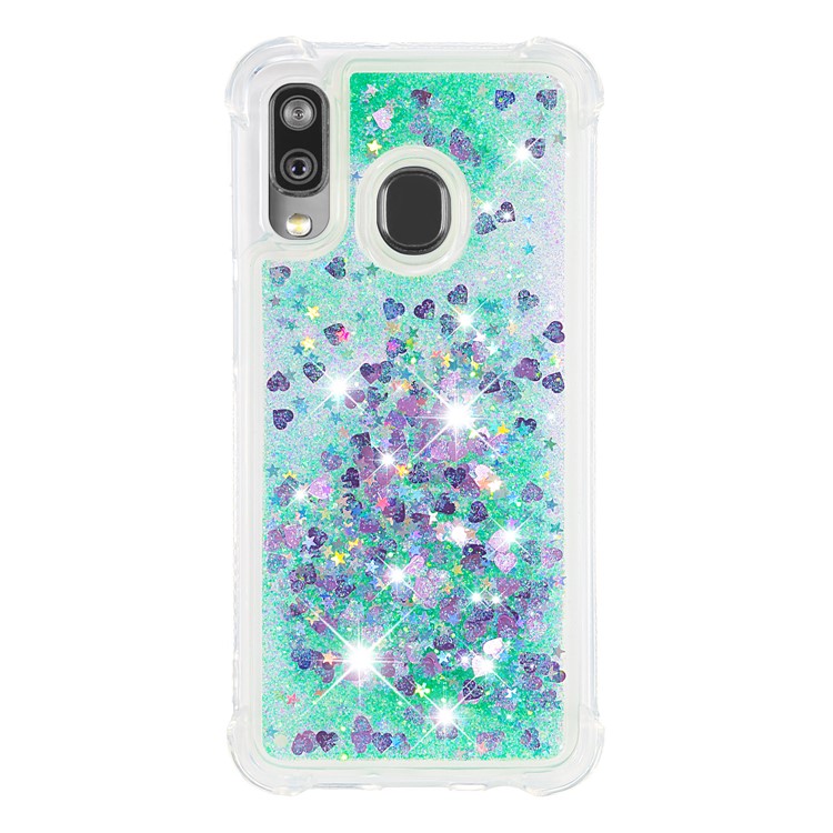 Liquid Glitter Quicksand Shockproof TPU Shell for Samsung Galaxy A40 - Green Love Hearts-2
