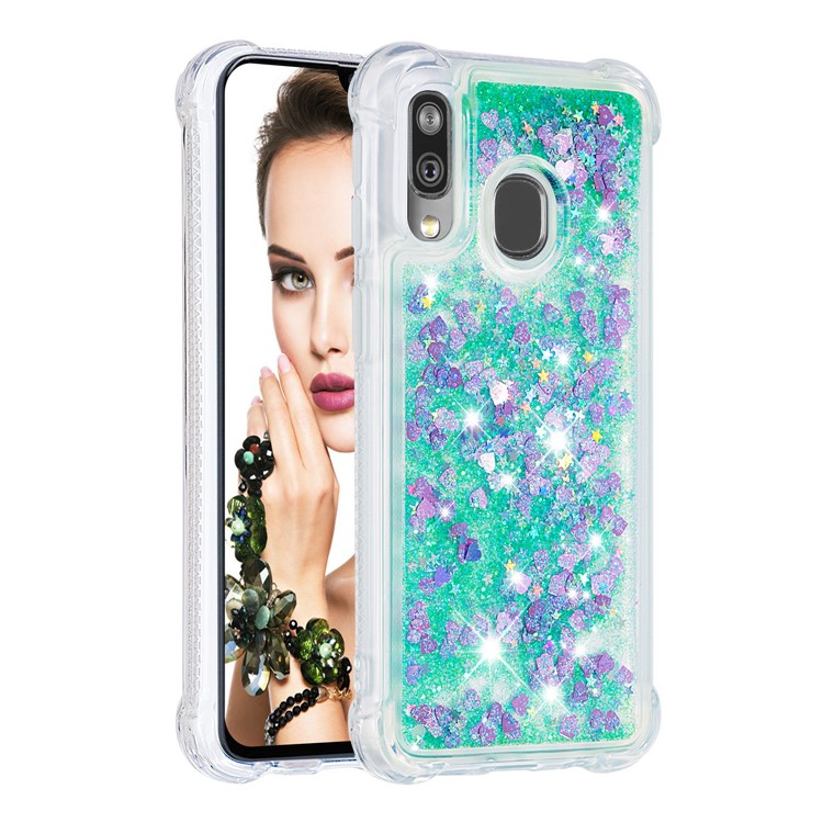 Liquid Glitter Quicksand Shockproof TPU Shell for Samsung Galaxy A40 - Green Love Hearts-3