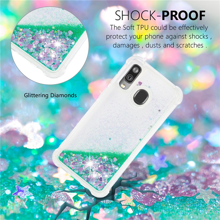 Liquid Glitter Quicksand Shockproof TPU Shell for Samsung Galaxy A40 - Green Love Hearts-4
