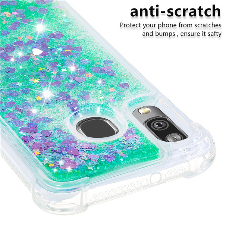Liquid Glitter Quicksand Shockproof TPU Shell for Samsung Galaxy A40 - Green Love Hearts-5