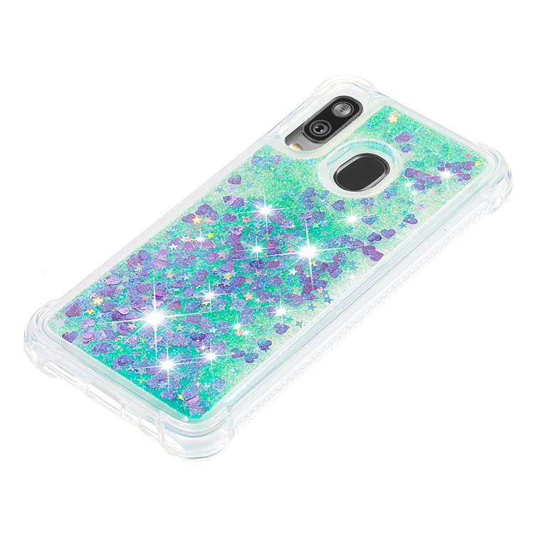 Liquid Glitter Quicksand Shockproof TPU Shell for Samsung Galaxy A40 - Green Love Hearts-6