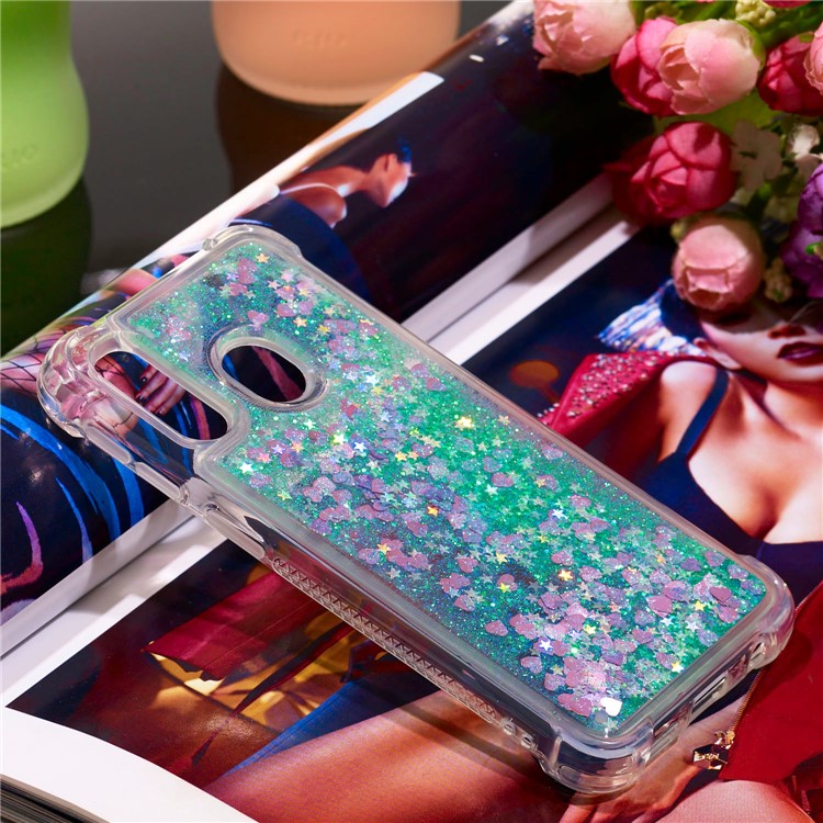 Liquid Glitter Quicksand Shockproof TPU Shell for Samsung Galaxy A40 - Green Love Hearts-7