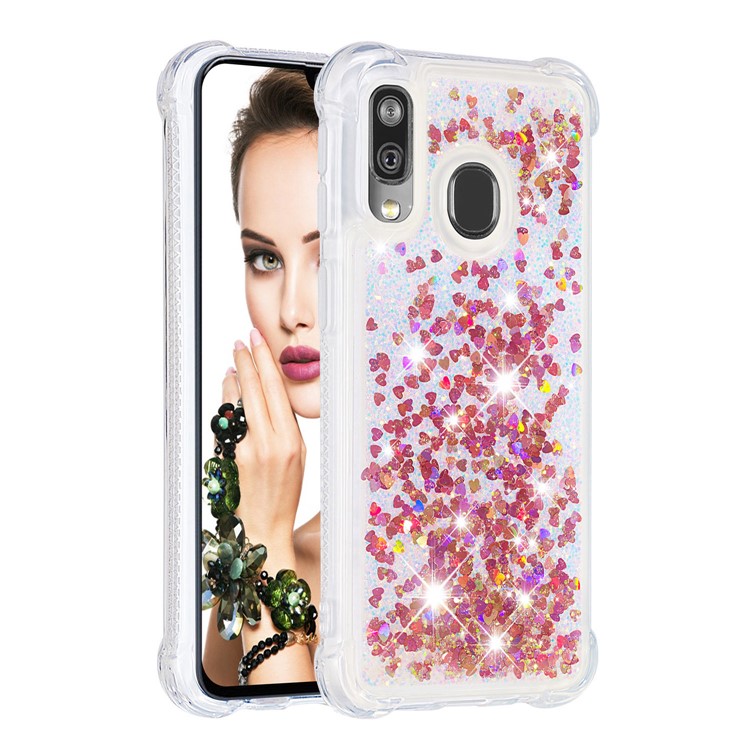 Flüssige Glitzernde, Stoßfeste TPU-Hülle Für Samsung Galaxy A40 - Rotgold-Liebesherzen-3