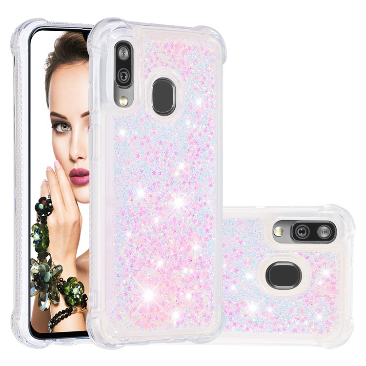 Coquille Anti-choc En TPU Pour Sables Rapides Et Brillant Pour Samsung Galaxy A40 - Étoiles Roses Argentées-1