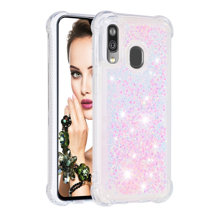 Coquille Anti-choc En TPU Pour Sables Rapides Et Brillant Pour Samsung Galaxy A40 - Étoiles Roses Argentées-3