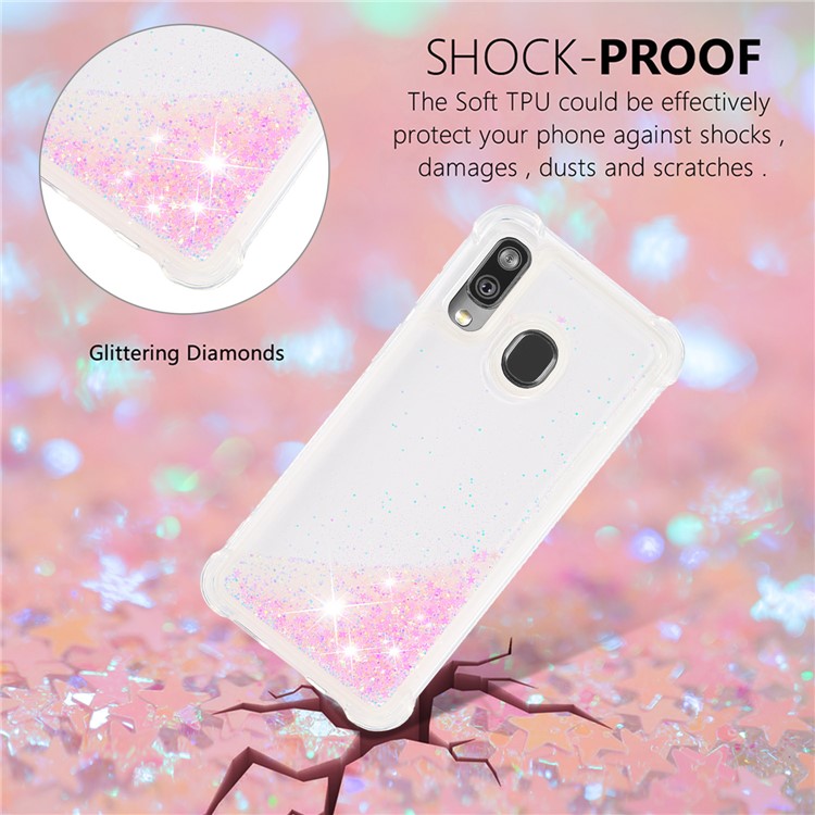 Coquille Anti-choc En TPU Pour Sables Rapides Et Brillant Pour Samsung Galaxy A40 - Étoiles Roses Argentées-4