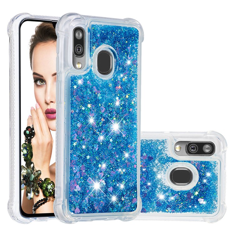 Coquille Anti-choc En TPU Pour Sables Rapides Et Brillant Pour Samsung Galaxy A40 - Coeurs D'amour Bleus-1