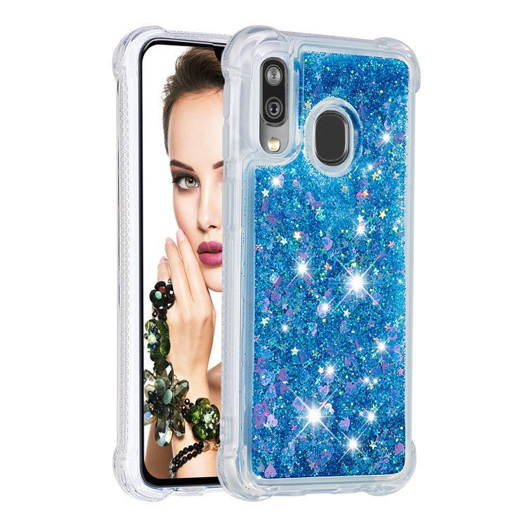 Coquille Anti-choc En TPU Pour Sables Rapides Et Brillant Pour Samsung Galaxy A40 - Coeurs D'amour Bleus-3