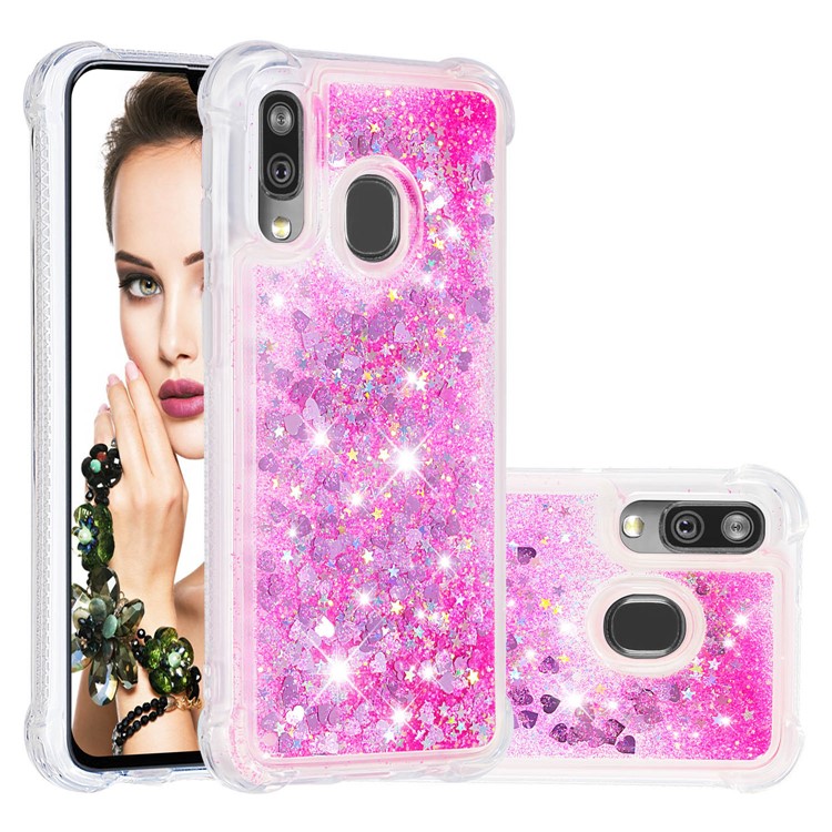 Flüssige Glitzernde, Stoßfeste TPU-Hülle Für Samsung Galaxy A40 - Rosa Liebesherzen-1