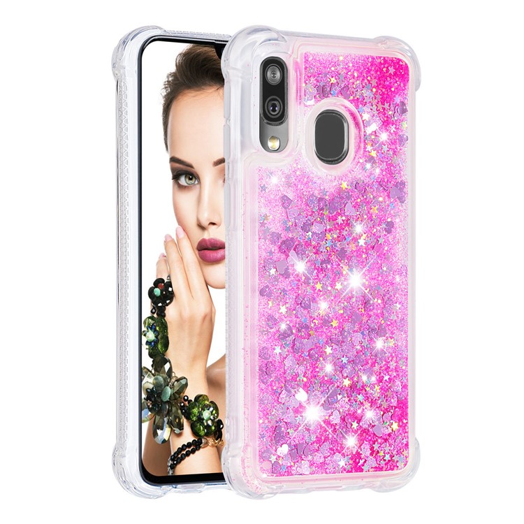 Flüssige Glitzernde, Stoßfeste TPU-Hülle Für Samsung Galaxy A40 - Rosa Liebesherzen-3