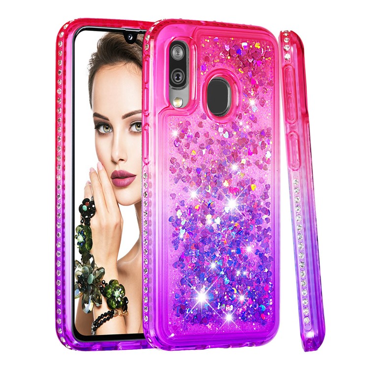 Rhinestone Decor Gradient Glitter Powder Quicksand TPU Case for Samsung Galaxy A40 - Red/Purple-1