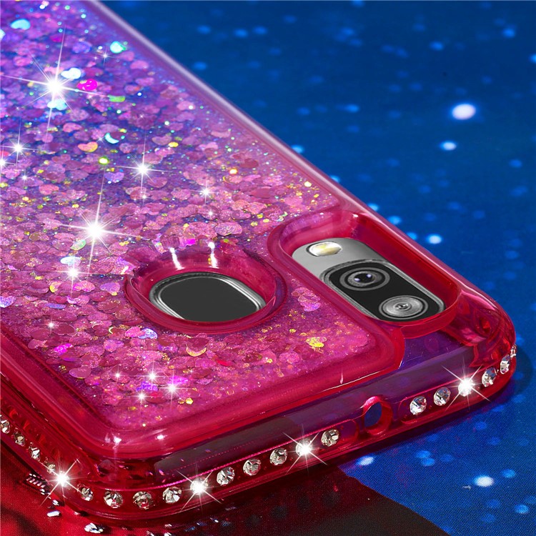 Rhinestone Decor Gradient Glitter Powder Quicksand TPU Case for Samsung Galaxy A40 - Red/Purple-3
