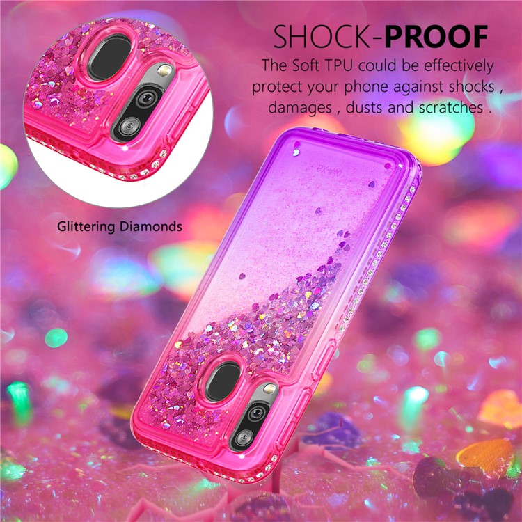 Rhinestone Decor Gradient Glitter Powder Quicksand TPU Case for Samsung Galaxy A40 - Red/Purple-4