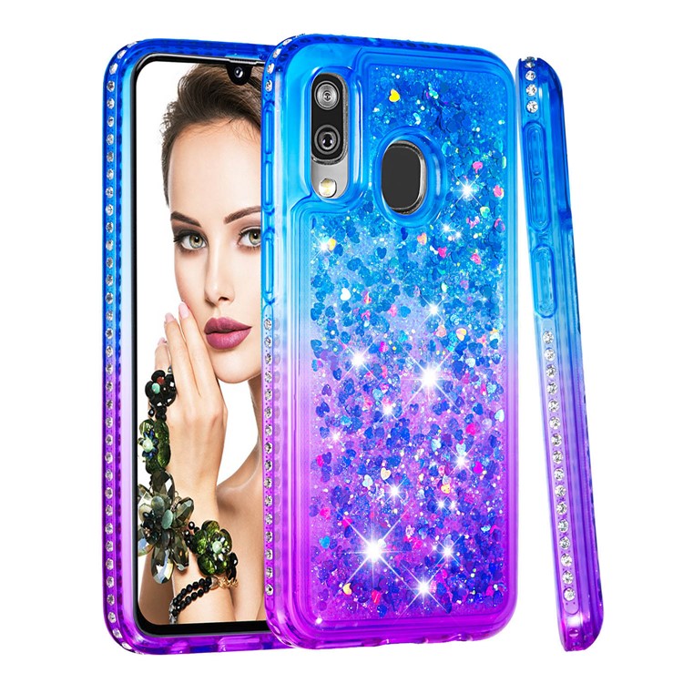 Rhinestone Decor Gradient Glitter Powder Quicksand TPU Case for Samsung Galaxy A40 - Blue/Purple-1