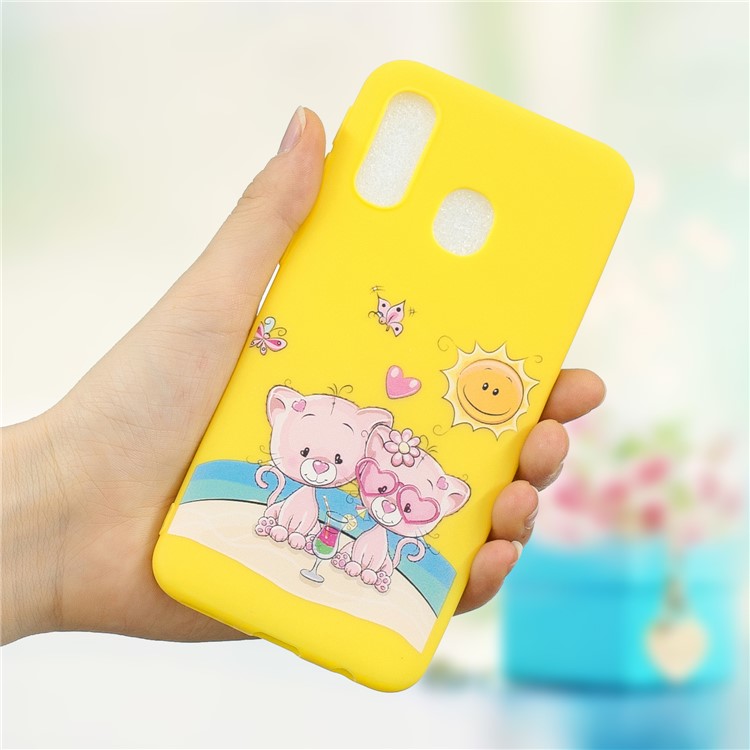 Pattern Printing Matte Soft TPU Phone Cover for Samsung Galaxy A40 - Couple Cartoon Cats-1