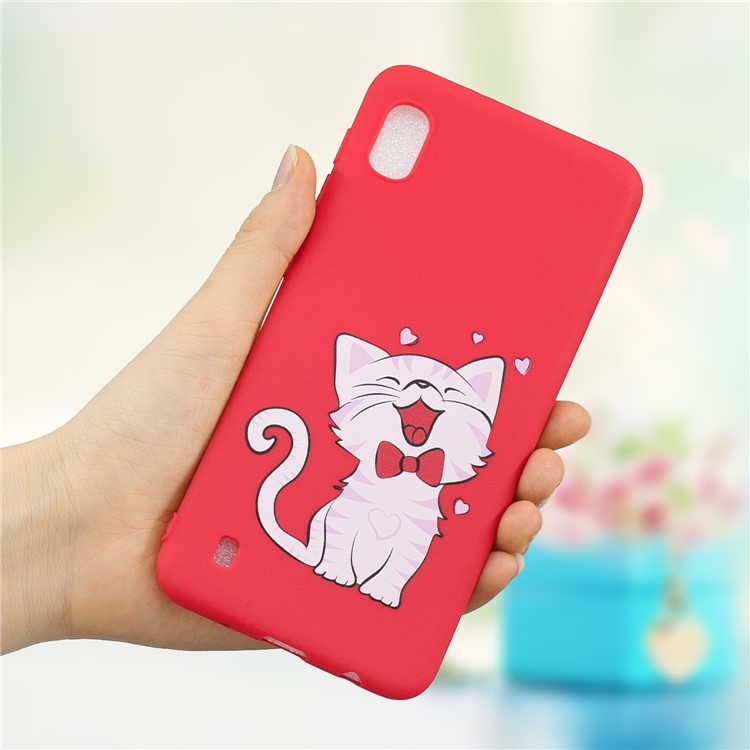Pattern Printing Anti-fingerprint Matte TPU Phone Shell for Samsung Galaxy A10 - Red / Smiling Cat-1