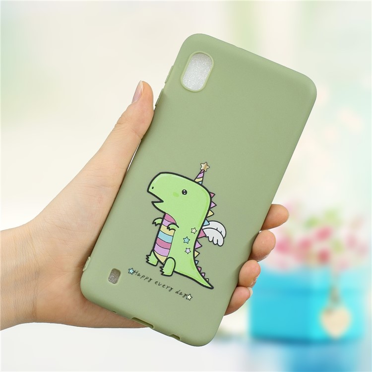 Pattern Printing Anti-fingerprint Matte TPU Phone Shell for Samsung Galaxy A10 - Green / Cartoon Dinosaur-1