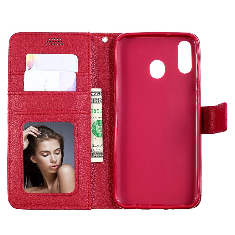 Litchi Skin Wallet Leather Stand Phone Casing for Samsung Galaxy M20 - Red-4