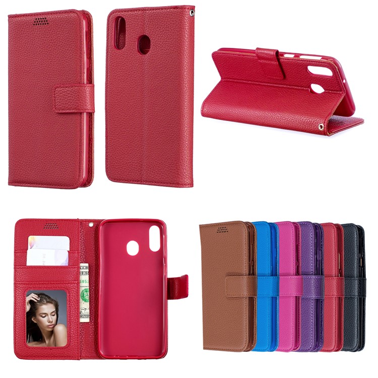 Litchi Skin Wallet Leather Stand Phone Casing for Samsung Galaxy M20 - Red-9