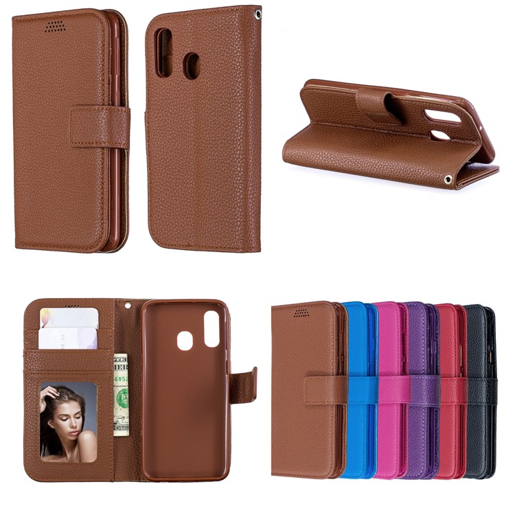 Litchi Skin Wallet Leather Stand Phone Case Cover for Samsung Galaxy A40 - Brown-11