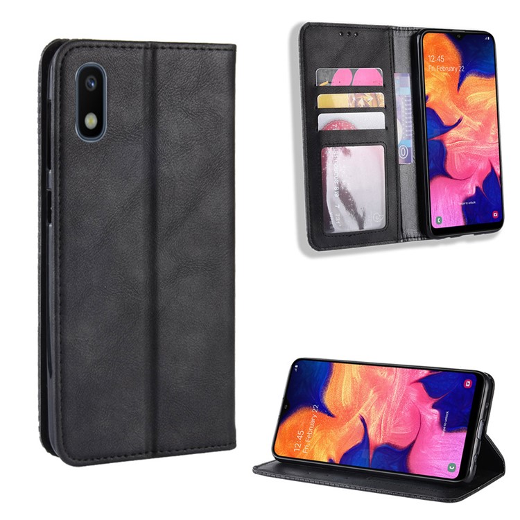 Auto-absorbed Vintage Leather Wallet Phone Shell for Samsung Galaxy A10e - Black-1