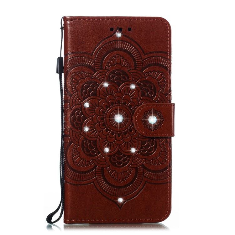 Sparkle Diamond Mandala Flower Imprinting Leather Cover for Samsung Galaxy A30 / A20 - Brown-1