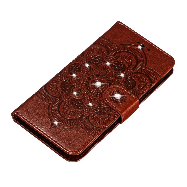 Sparkle Diamond Mandala Flower Imprinting Leather Cover for Samsung Galaxy A30 / A20 - Brown-8