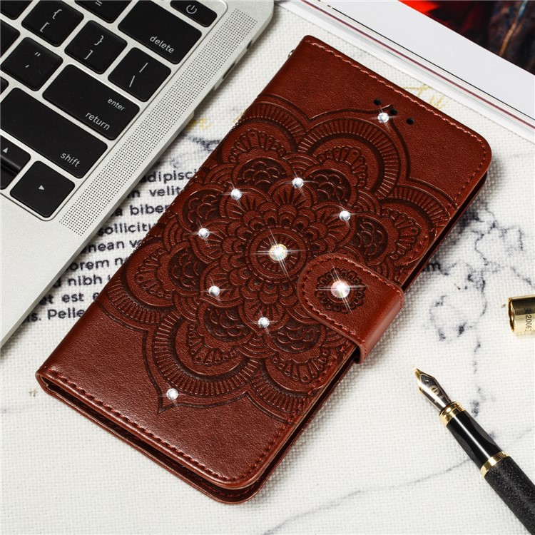 Sparkle Diamond Mandala Flower Imprinting Leather Cover for Samsung Galaxy A30 / A20 - Brown-9