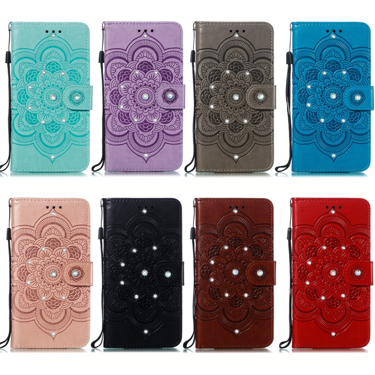 Sparkle Diamond Imprint Mandala Flower Leather Phone Cover for Samsung Galaxy A10 - Black-11