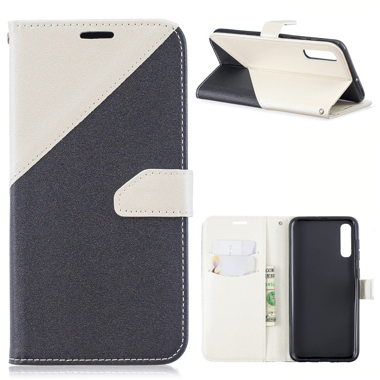 Sand-like Grain Dual-color Splicing PU Leather Wallet Stand Phone Cover for Samsung Galaxy A70 - White-1