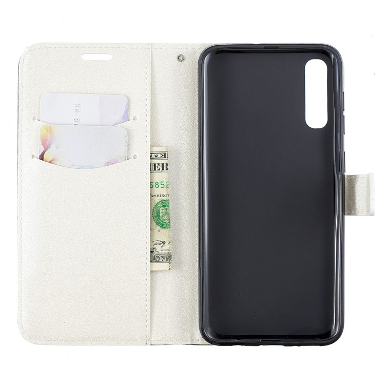 Sand-like Grain Dual-color Splicing PU Leather Wallet Stand Phone Cover for Samsung Galaxy A70 - White-7