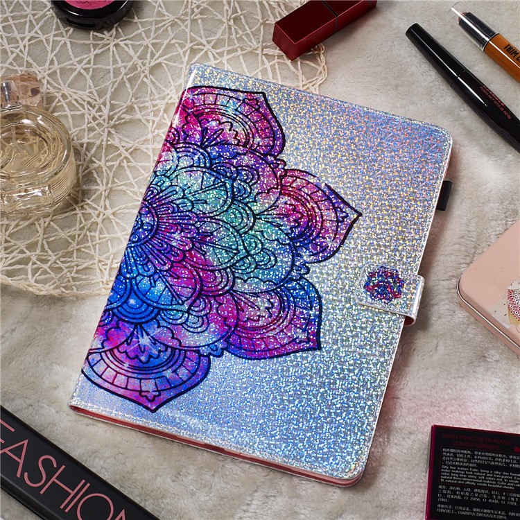 Pattern Printing Glitter Sequins Leather Wallet Case for Samsung Galaxy Tab A 10.5 (2018) T590 T595 - Mandala Flower-8