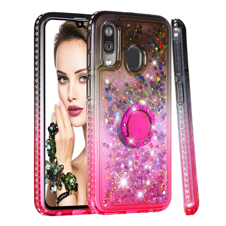 Rhinestone Decor Gradient Glitter Powder Quicksand Finger Ring Kickstand TPU Case for Samsung Galaxy A40 - Brown / Red-1