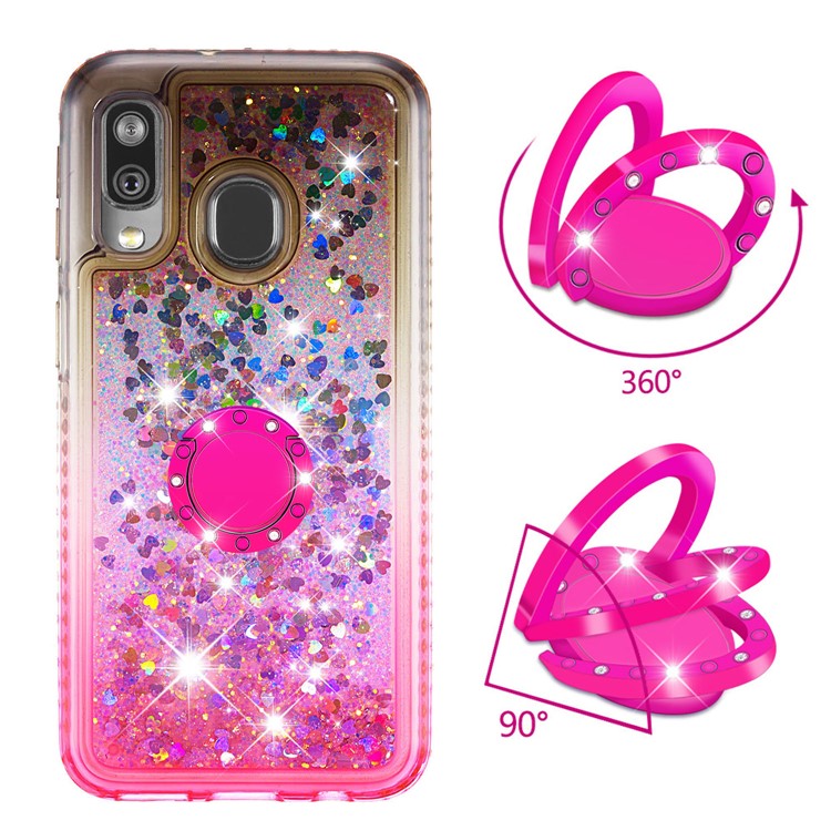 Rhinestone Decor Gradient Glitter Powder Quicksand Finger Ring Kickstand TPU Case for Samsung Galaxy A40 - Brown / Red-2