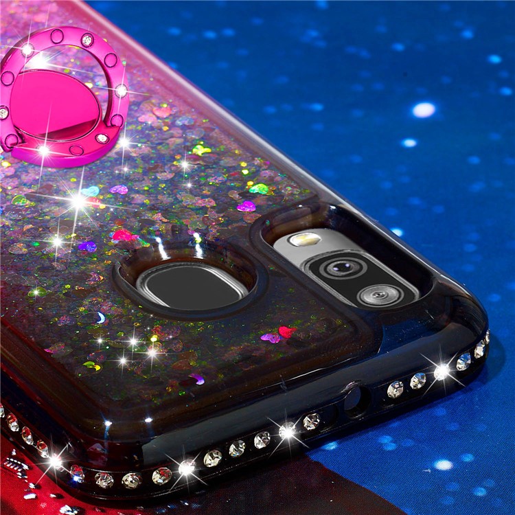 Rhinestone Decor Gradient Glitter Powder Quicksand Finger Ring Kickstand TPU Case for Samsung Galaxy A40 - Brown / Red-3