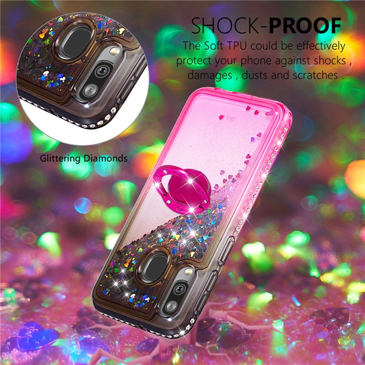 Rhinestone Decor Gradient Glitter Powder Quicksand Finger Ring Kickstand TPU Case for Samsung Galaxy A40 - Brown / Red-4