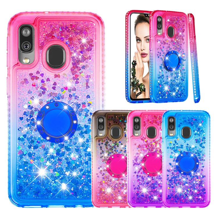 Rhinestone Decor Gradient Glitter Powder Quicksand Finger Ring Kickstand TPU Case for Samsung Galaxy A40 - Brown / Red-6