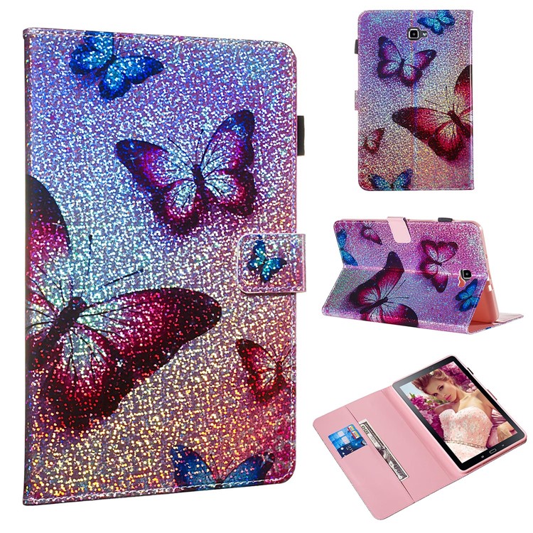 Pattern Printing Glitter Sequins Leather Wallet Shell for Samsung Galaxy Tab A 10.1 (2016) T580 T585 - Butterfly-1
