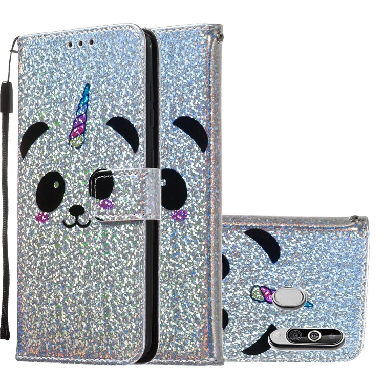 Pattern Printing Glitter Sequins Leather Wallet Case for Samsung Galaxy M40 / A60 - Panda-2