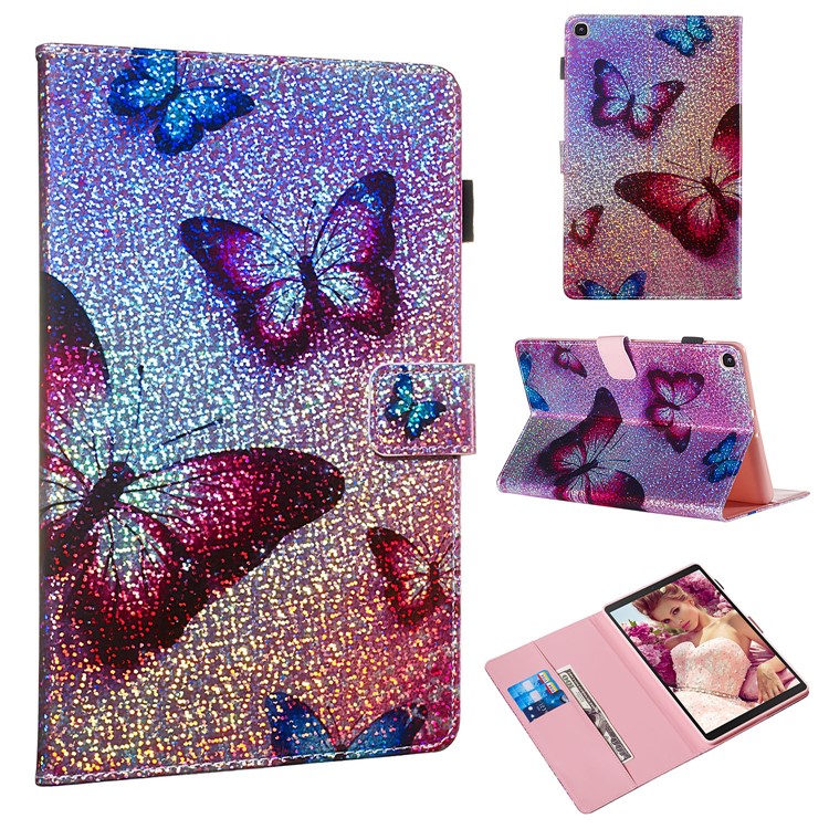 Pattern Printing Glitter Sequins Leather Wallet Casing for Samsung Galaxy Tab A 10.1 (2019) T510/T515 - Butterfly-1