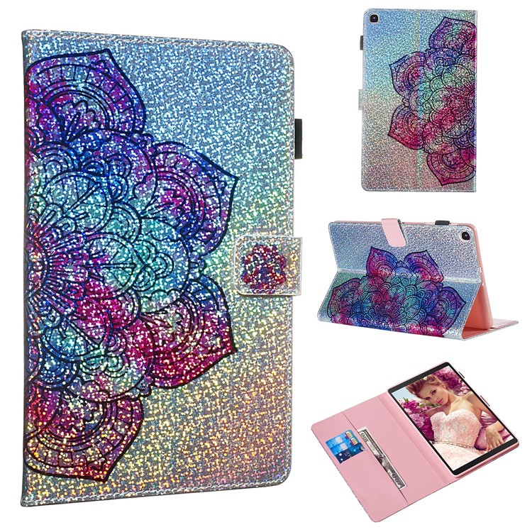 Pattern Printing Glitter Sequins Leather Wallet Casing for Samsung Galaxy Tab A 10.1 (2019) T510/T515 - Mandala Flower-1