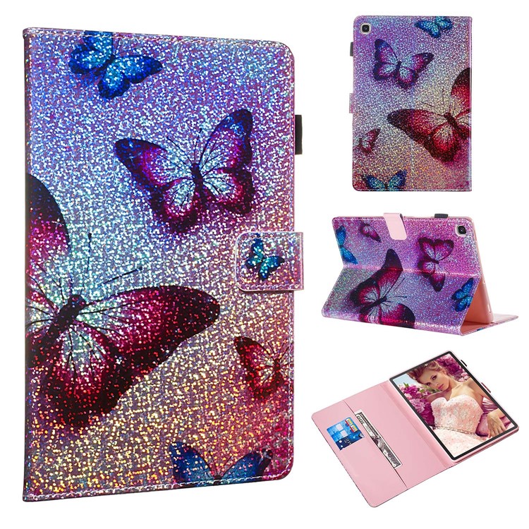 Pattern Printing Glitter Sequins Leather Wallet Case Shell for Samsung Galaxy Tab S5e SM-T720/SM-T725 - Butterfly-1