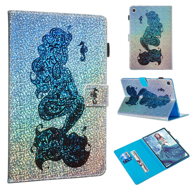 Pattern Printing Glitter Sequins Leather Wallet Case Shell for Samsung Galaxy Tab S5e SM-T720/SM-T725 - Mermaid-1
